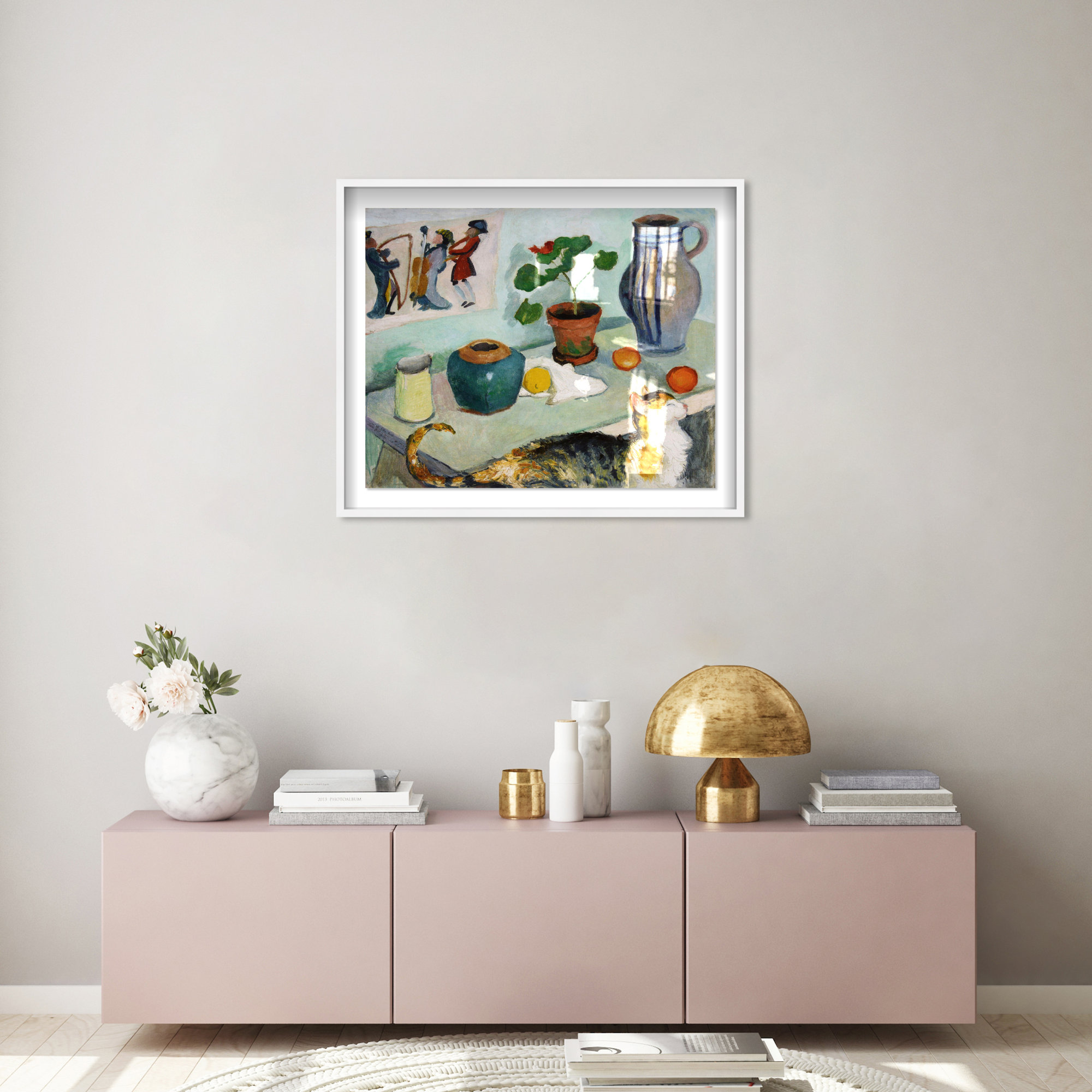 August Mackes Still Life With A Cat Art, White Framed, 31" H x 37" W x 0.5" D
