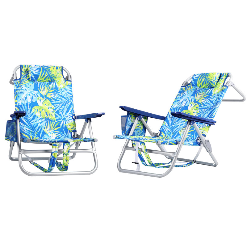 Chaises de plage à dos (ensemble de 2), chaise de camping pliante robuste avec grandes poches, Bleu / vert