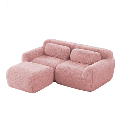 L-Shaped Boneless Sofa,Soft Fluffy Plush Fabric,With Chaise 32D High Density Sponge,No Assembly Required,Ergonomic Design Bottom Anti-Slip Design,With Throw Pillows,Fits Bedrooms,Pink