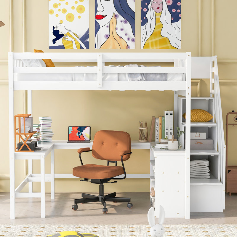Loft Bed In With L-shaped Desk And Storage Facilities - Maximize Your Living Area Full Size Built-in Space, Efficient Bedroom Setup