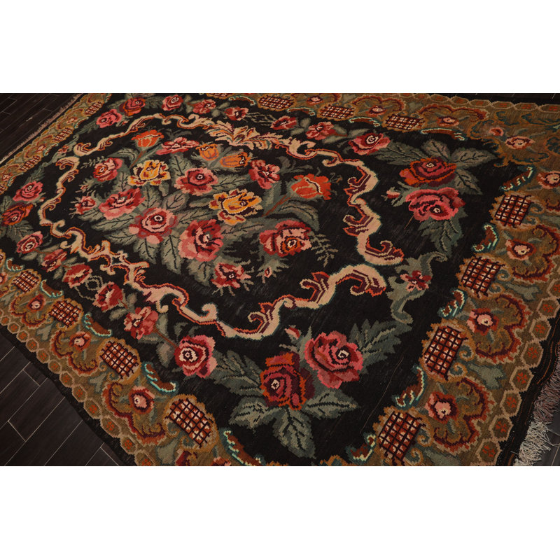 Tapis botanique gris anthracite en laine tissé à la main 6 pi 9 po x 10 pi 11 po