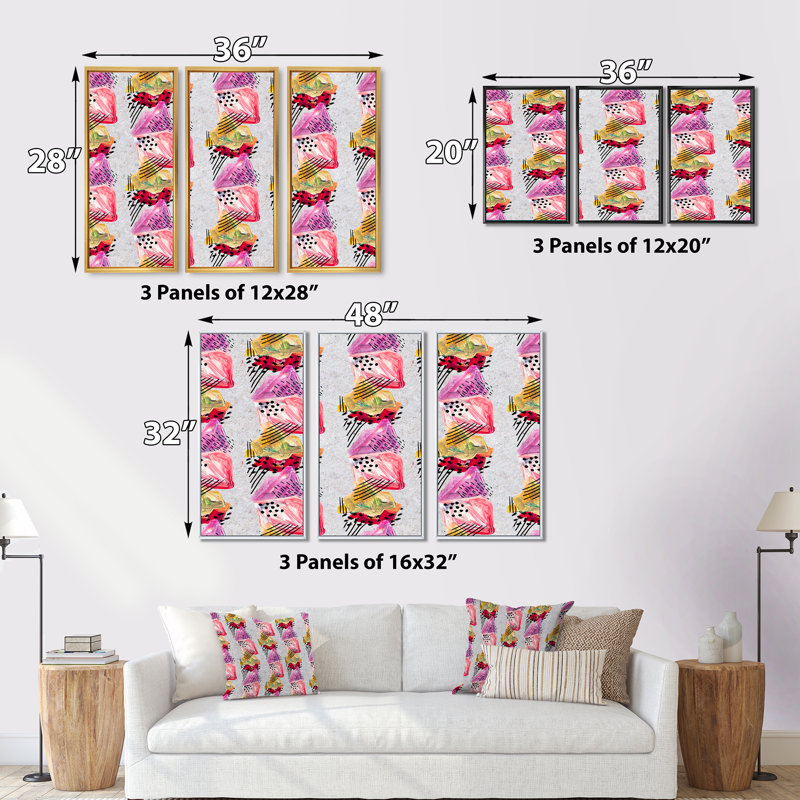 Coups de peinture roses et rouges - Ensemble de 3 peintures sur cadre flottant, H 20 po x l 36 po x P 1 po, Cadre noir
