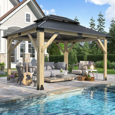 13 ft. W x 11 ft. D Outdoor Cedar Wooden Gazebo with Galvanized Steel Hardtop Double Roof