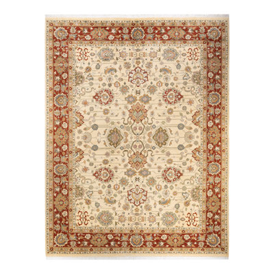 Tapis rouge / ivoire / jaune noué à la main de conception unique 9 pi 2 po x 12 pi 2 po Mogul