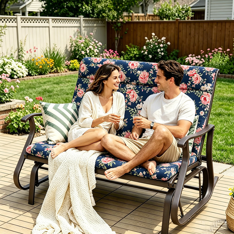 Outdoor Seat Cushion, Bench Cushions With Backrest, Water-repellent, Pink Flower