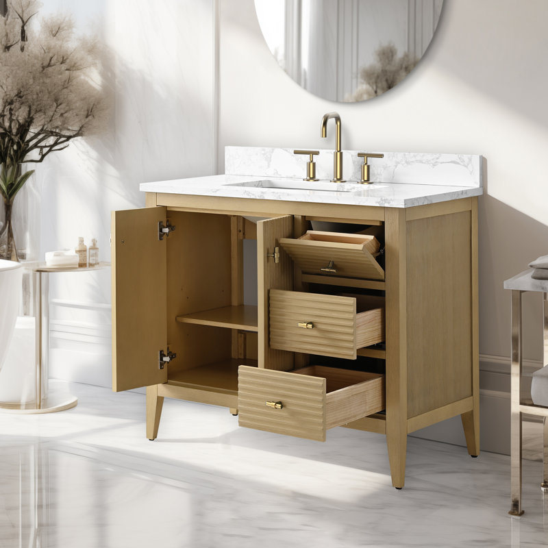 Laval 36" Single Sink Freestanding Bathroom Vanity with Engineered Marble Top, Golden Brushed, Linear Natural Oak