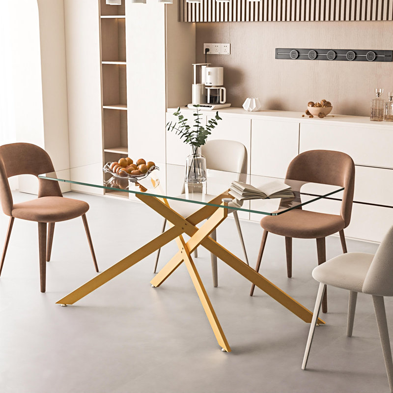 Glass Dining Table for 6, Modern 60" Rectangular Kitchen Dining Room Table for 4-6 with X-Shape Metal Base Large Clear Glass Top Dining Tables for Home Kitchen