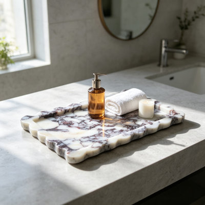 Genuine Calacatta Viola Marble Vanity Tray with Scalloped Edge, Non-Slip Fluted Catchall for Bathroom & Kitchen, Modern Organic Stone Organizer for Jewelry, Keys, Perfume, and Decorative Display