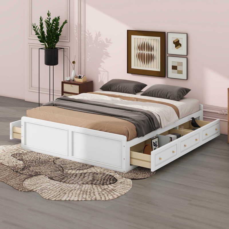 Base de lit plateforme grand en bois avec 6 tiroirs, Blanc