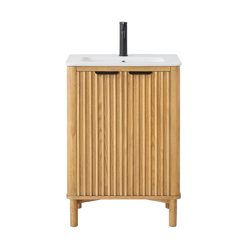 Meuble-lavabo simple 24 po avec comptoir en céramique blanche Mumbai, Noir mat, Chêne brun clair patiné
