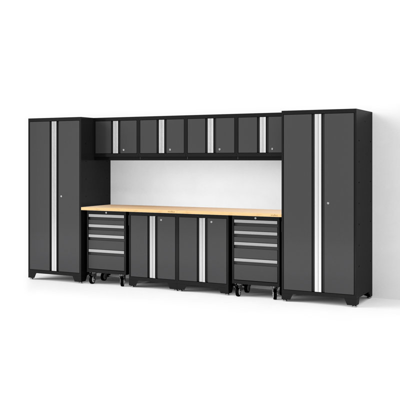 Bold XL Series Gray 12 Piece Garage Cabinets Set With Tool, Base, Wall Cabinets, Bamboo Worktop And 30 In. Lockers