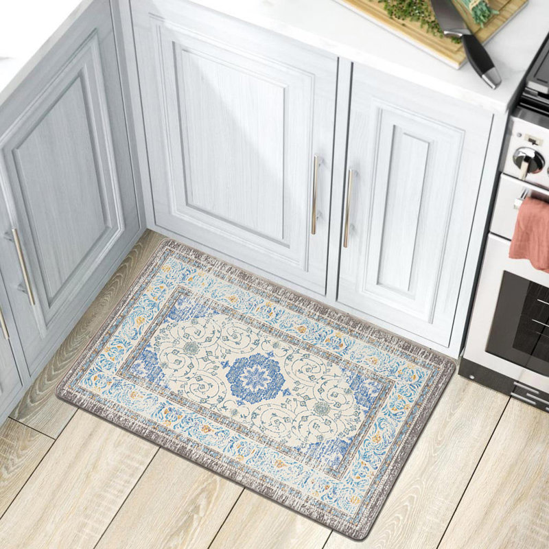 Anti-Fatigue Medallion Floral Blue/Ivory/Gray Mat, Rectangle 1'6" x 2'6"