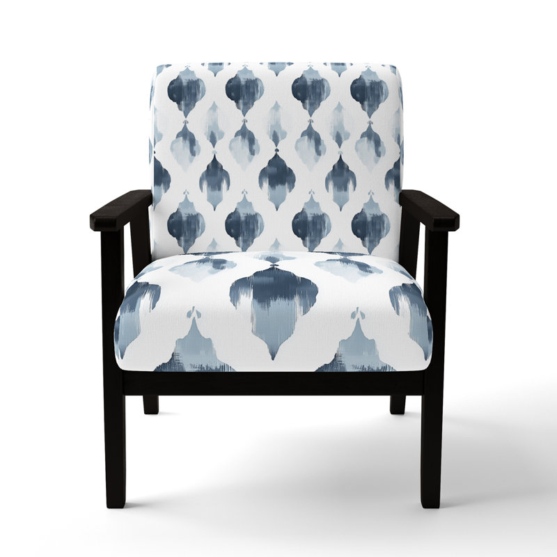 Chaise rembourrée moderne avec accoudoirs gris et blanc Ikat, Accoudoirs carrés noirs