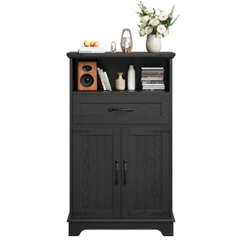 Armoire de salle de bain Farmhouse avec portes et tiroirs, armoire de salle de bain autoportante pour cuisine et salon, Noir