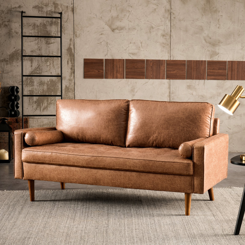 Aisha 70" Faux Leather Square Arm Loveseat, Brown Faux Leather