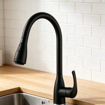 Matte Black Single-Handle High-Arc Kitchen Sink Faucet, Four Water Flow Modes, Stainless Steel Single-Layer Pull-Out Spray Head.