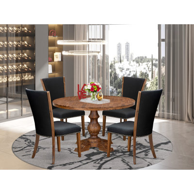 L'ensemble de table de salle à manger 5 pièces pour 4 personnes comprend une table ronde de 54 po avec piédestal et 4 chaises Parson en tissu de lin noir, noyer antique
