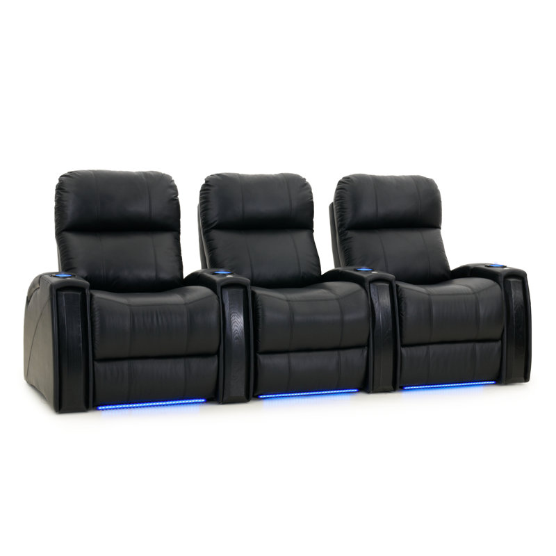 Canapé de cinéma maison en cuir véritable de 102 po de largeur avec porte-gobelet, Cuir véritable noir luxueux, Électrique
