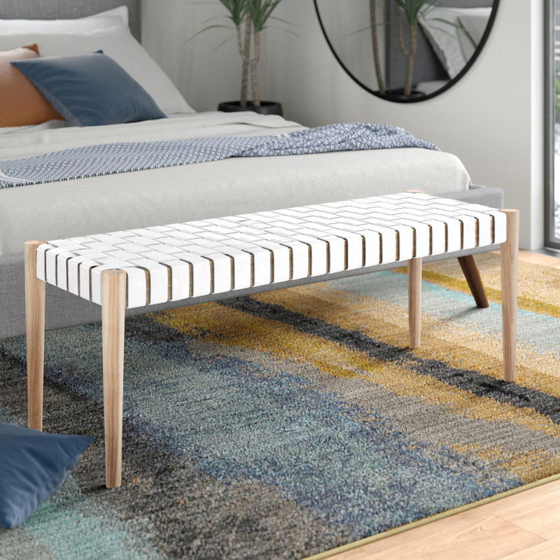 Banc en cuir tissé de 47 po Orin, Cadre chêne clair / cuir blanc cassé