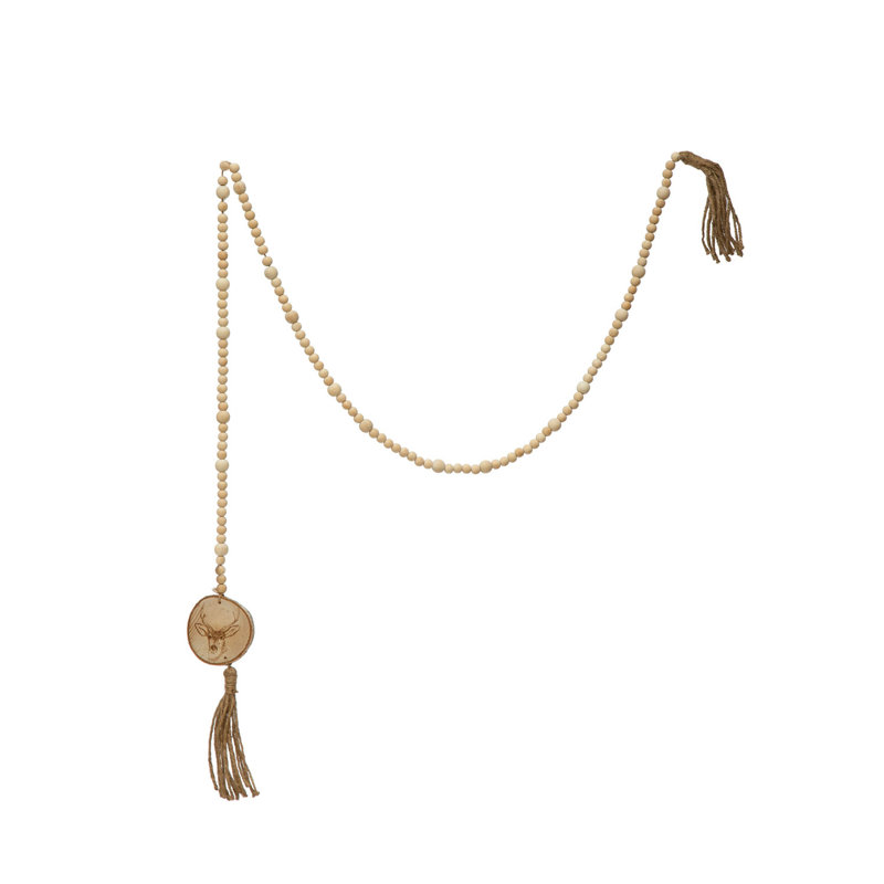 Paulownia Wood Bead Garland with Deer Icon and Tassels