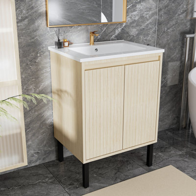 Meuble-lavabo sur pied moderne en chêne de 24 po avec tiroirs à fermeture en douceur et lavabo en céramique blanche