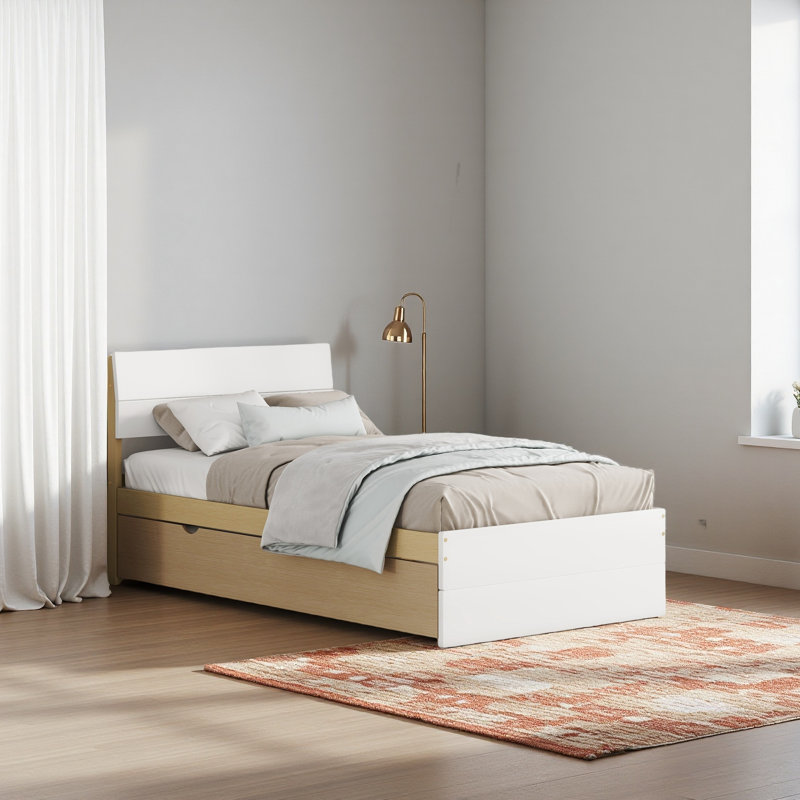 Cadre de lit simple moderne avec tête et pied de lit ultrabrillants, Chêne