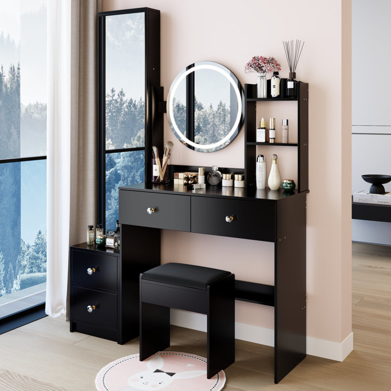 Table de meuble-lavabo à DEL à contrôle de luminosité réglable à 3 couleurs de 17 po de diamètre, avec armoire à miroir pleine grandeur et tabouret rembourré, design américain, noir, 42,87 po de profondeur, 13,79 de largeur, 61,95 de hauteur