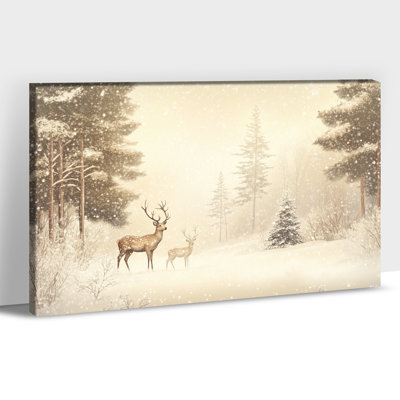 Grand art mural sur toile de cerf - forêt enneigée d'hiver, peinture de Noël rétro, impressions d'animaux tranquilles, toile prête à accrocher pour le salon, la chambre à coucher, la décoration murale de bureau, 24 po x 32 po
