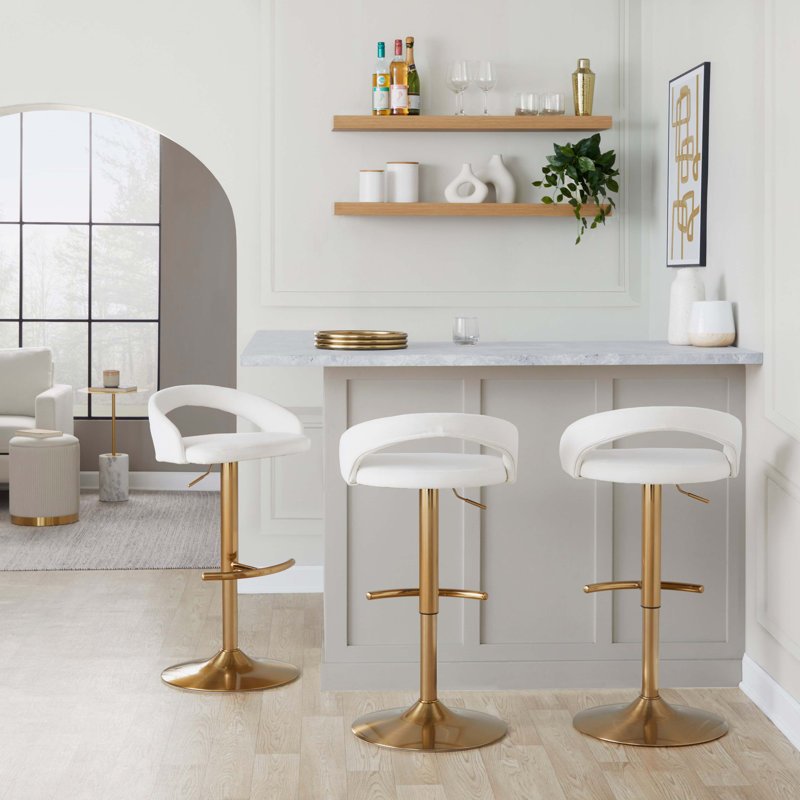 Chaise réglable en métal et velours avec repose-pieds arrondi en T - ensemble de 3, Blanc, Doré