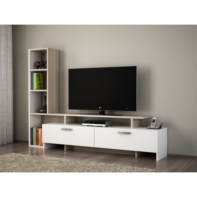 Modern TV Unit with Wall-Mount Option, White & Cordoba Finish, 66.2 x 47.2 x 8.7 inches | 100% Melamine Coated Particle Board, Multiple Shelves for Additional Storage | Stylish Design for Living Room & Entertainment Spaces