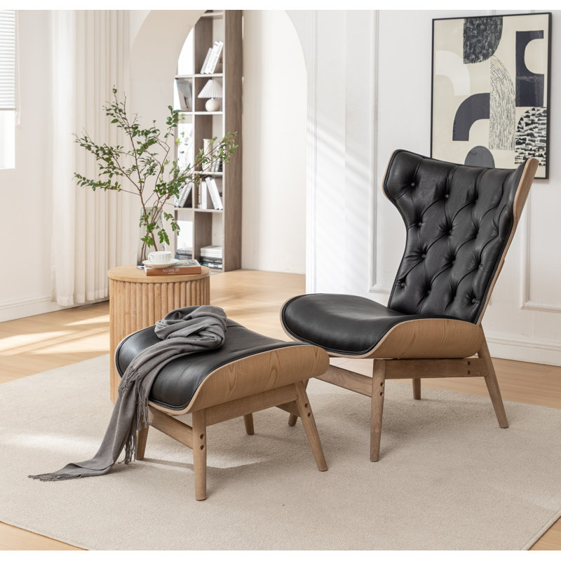 Fauteuil à oreilles et repose-pieds Jeyshan, Similicuir noir