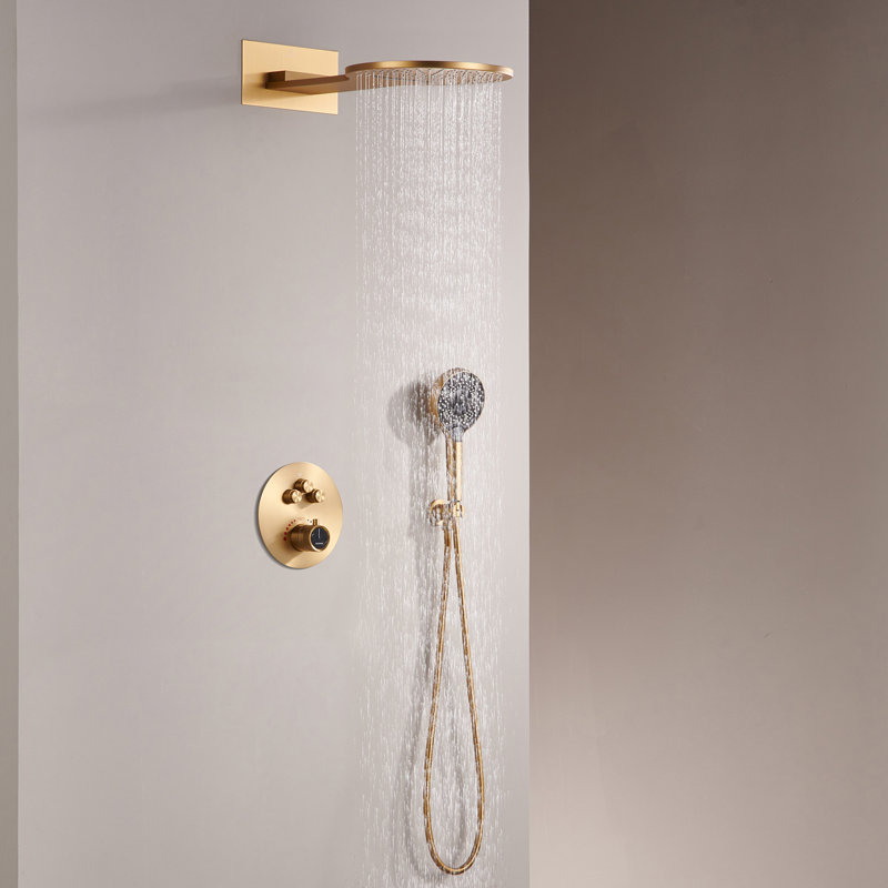Rainier Thermostatic Rainfall Shower System with Rough in-Valve, Brushed Gold
