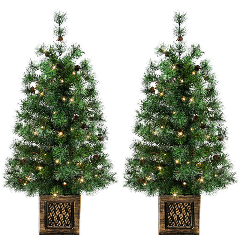 Ensemble de 2 arbres artificiels en pot pré-éclairés à pile de 3,5 pi avec minuterie