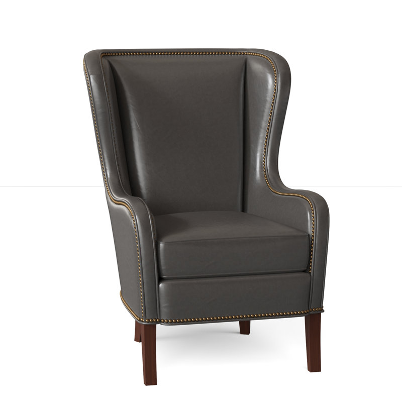 Aurora Wingback Chair, French Natural, Mahogany, Aline Light Gray Stonewash Genuine Leather