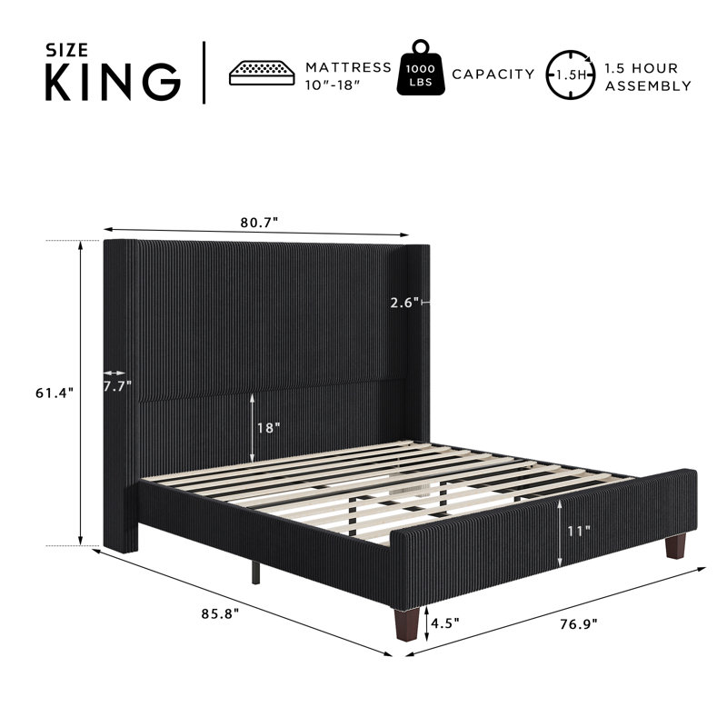 Crofford Upholstered Wingback King Size Platform Bed,Black, King, Black