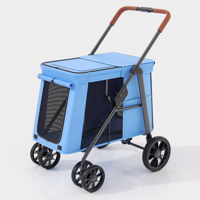 Poussette pour animaux de compagnie pour chiens de petite taille et de taille moyenne pliable à un bouton avec 5 fenêtres en filet pivotant à 360 ° sur les roues avant et le plateau de frein arrière amovible