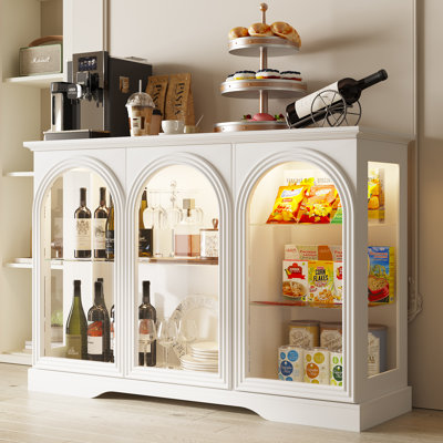 47.2"W Sideboard Buffet Cabinet with 3 Glass Doors, Adjustable Shelves, LED and Human Body Sensors