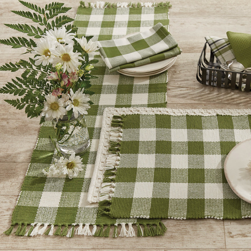 Serles Rectangular Checkered Table Runner, Green, 36" x 13"