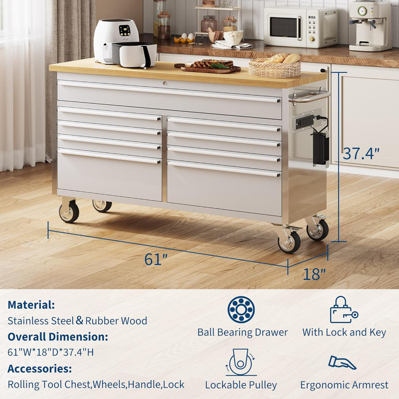 Coffre à outils de 61 po avec 9 tiroirs, fabrication en acier inoxydable, armoire de rangement mobile verrouillable avec cadre robuste, pour garage, atelier ou espace utilitaire