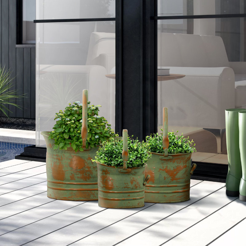 Dervil Copper Metal Indoor-Outdoor Patina Tulip Style Bucket Planter with Stationary Handles