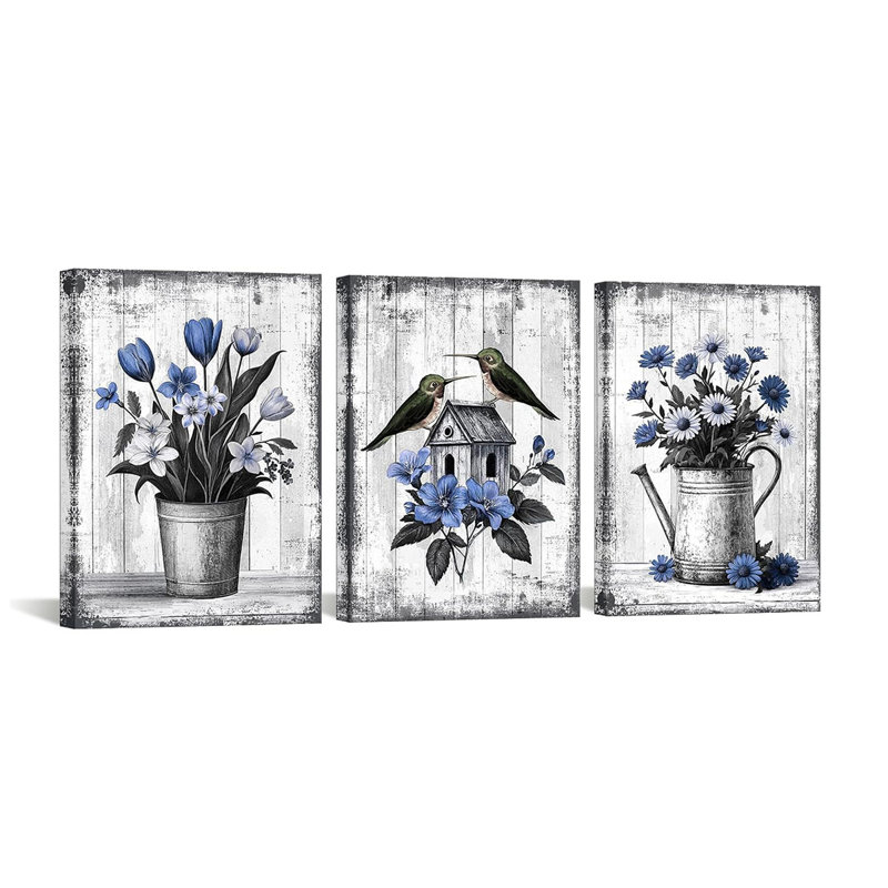 3 Piece Wrapped Canvas Print, Blue