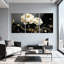 Pivoine, fleurs blanches, feuilles d'or, fond noir, ensemble de 3 impressions sur toile-1011496858