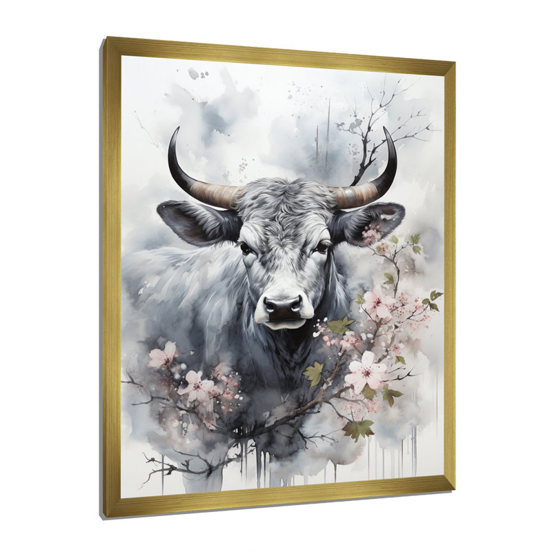 Bania, art asiatique, vache Sumi V, H 20 po x l 12 po x P 1 po, Encadrement doré