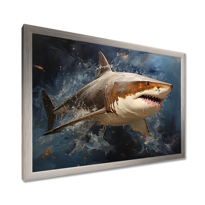 Underwater Shark Attack I - Shark Large, art mural, H 24 po x l 32 po x P 1 po, Cadre de coin argenté fermé