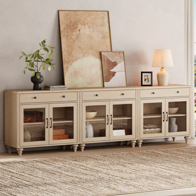 Buffet Corretta avec bar intégré, buffet de style campagnard de 259 cm (102 po) pour salle à manger, meuble de cuisine moderne, grand meuble de rangement avec portes vitrées et tiroir en bois, blanc