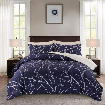 Marina Decoration Home Decor Bedding Comforters Duvet Soft Goose Down Alternative Bed In A Bag BIAB 7 Piece Printed Comforter Set with 4 Piece Sheet Set, Modern Navy Blue Branches Pattern Queen Size