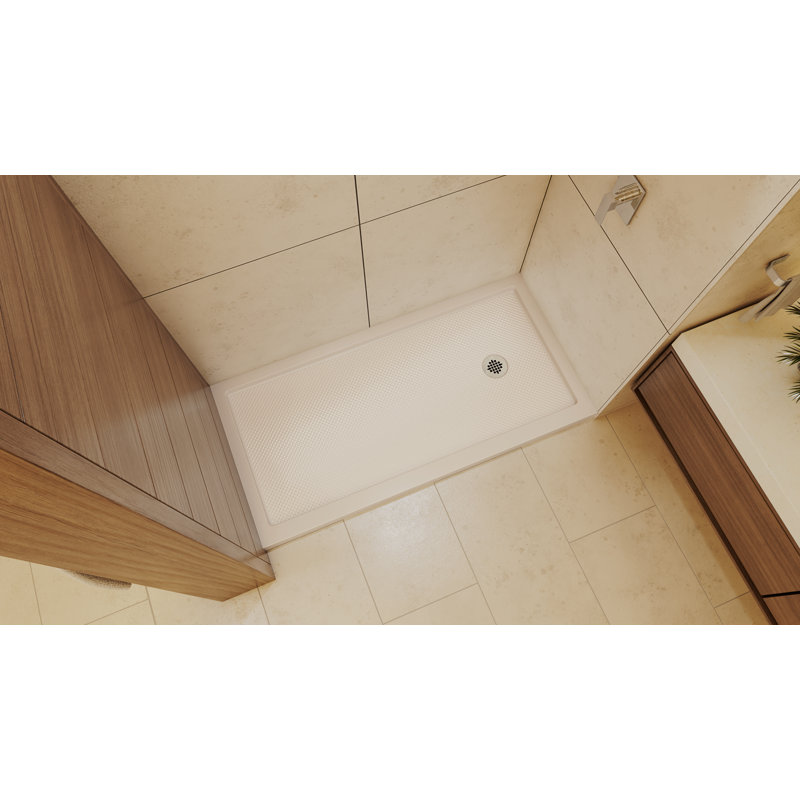 DreamLine SlimLine 30 inch D x 60 inch W x 2 3/4 inch H Single Threshold Biscuit Alcove Shower Base with 2 inch Polished Nickel Right Round Drain