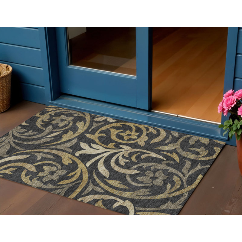 Tapis extérieur lavable floral taupe et doré 3 pi x 5 pi noir