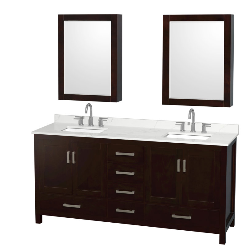 Sheffield 72" Freestanding Double Bathroom Vanity with Quartz Top with Medicine Cabinets, Brown, Chrome, Giotto Quartz