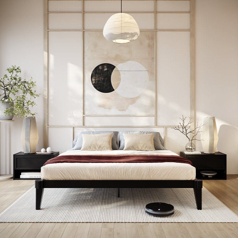 Jamerian Solid Wood Platform Bed Frame Without Headboard, Modern Bed, King, Black